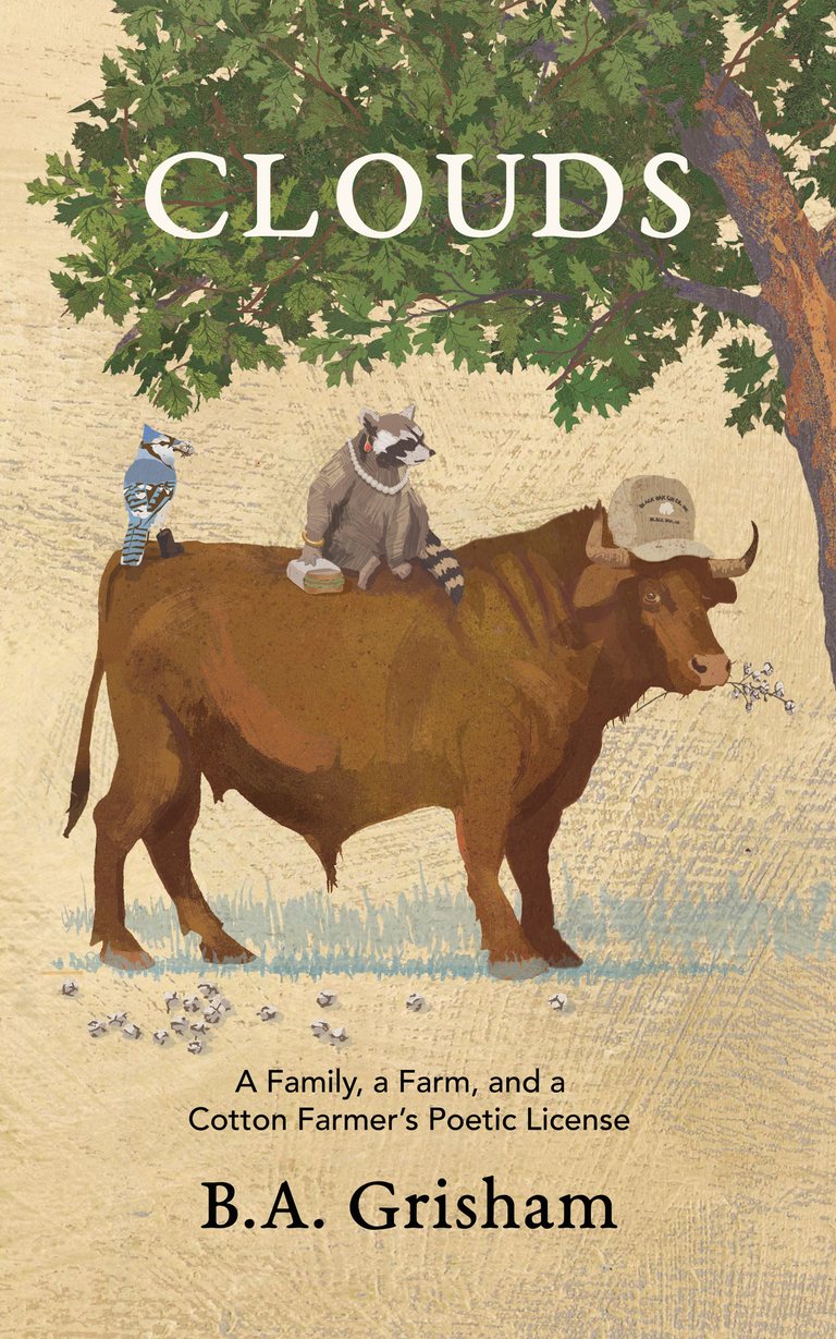 The cover of Clouds: under an oak, a brown bull in a cap carries a raccoon in pearls and a Blue Jay on its back.
